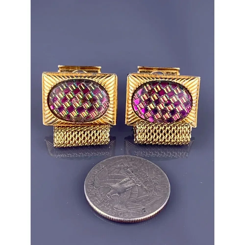 Dichroic Glass Cufflinks Wrap Around Gold Tone Green to Pink Lines Rays Vintage